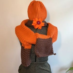 Handmade hat and scarf set unique orange and brown